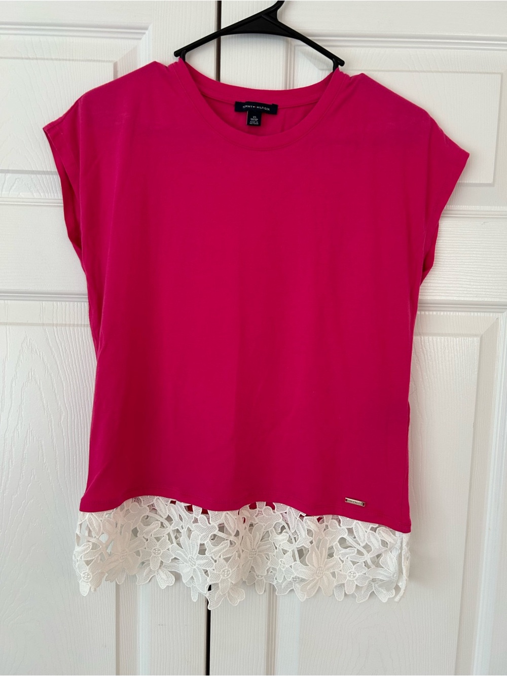 NWOT Tommy Hilfiger Women’s Pink Flower Lace Cotton Tunic Blouse Shirt Size XS
